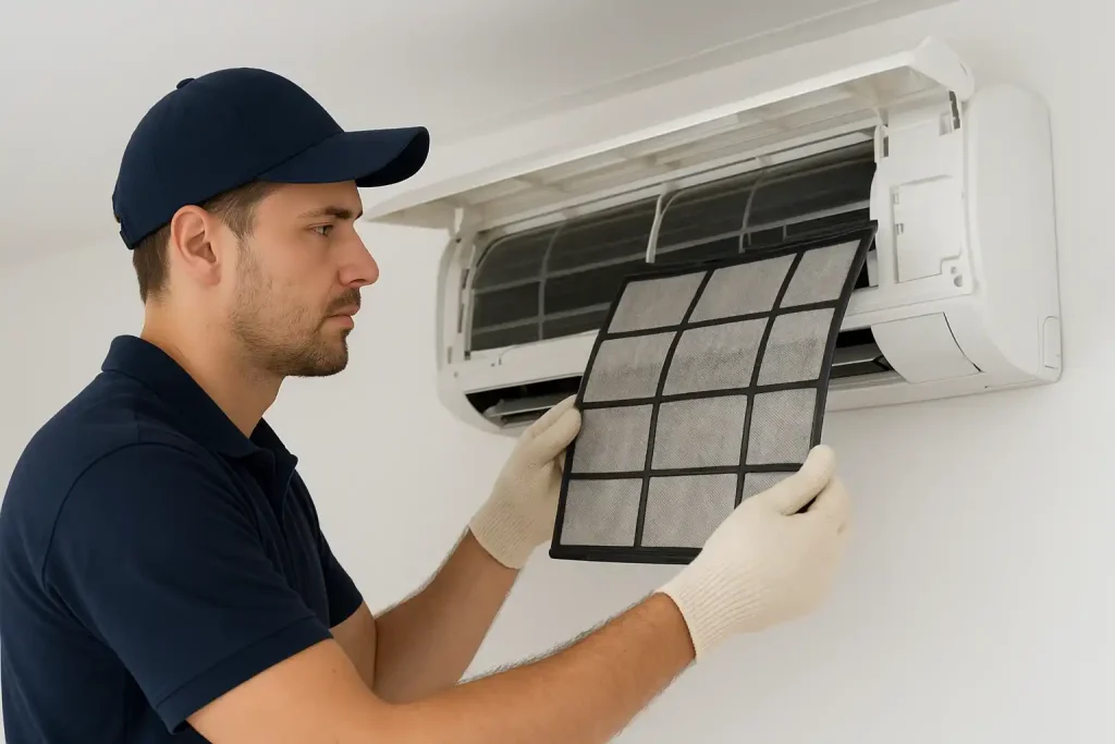 10 Easy Ways to Save Electricity at Home in Pakistan 7 HVAC technician cleaning a dusty AC filter on a wall-mounted air conditioner during routine maintenance.
