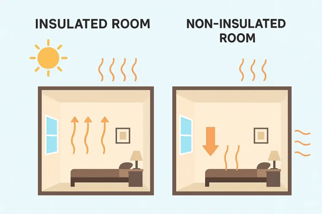 10 Easy Ways to Save Electricity at Home in Pakistan 5 “Side-by-side diagram showing difference between insulated and non-insulated rooms. The insulated room retains heat with upward arrows, while the non-insulated room loses heat through walls and windows, demonstrating improved energy efficiency with insulation.”