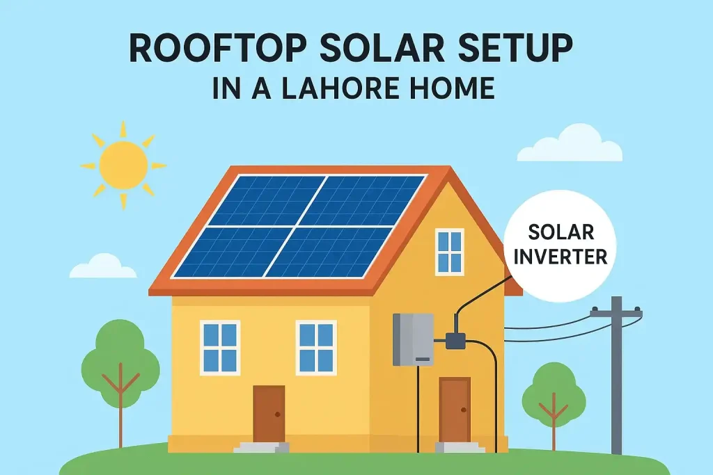 10 Easy Ways to Save Electricity at Home in Pakistan 4 “Flat-style infographic showing a Lahore home with rooftop solar panels installed, connected to a solar inverter and utility grid, under sunny sky, demonstrating solar energy setup for household use.”