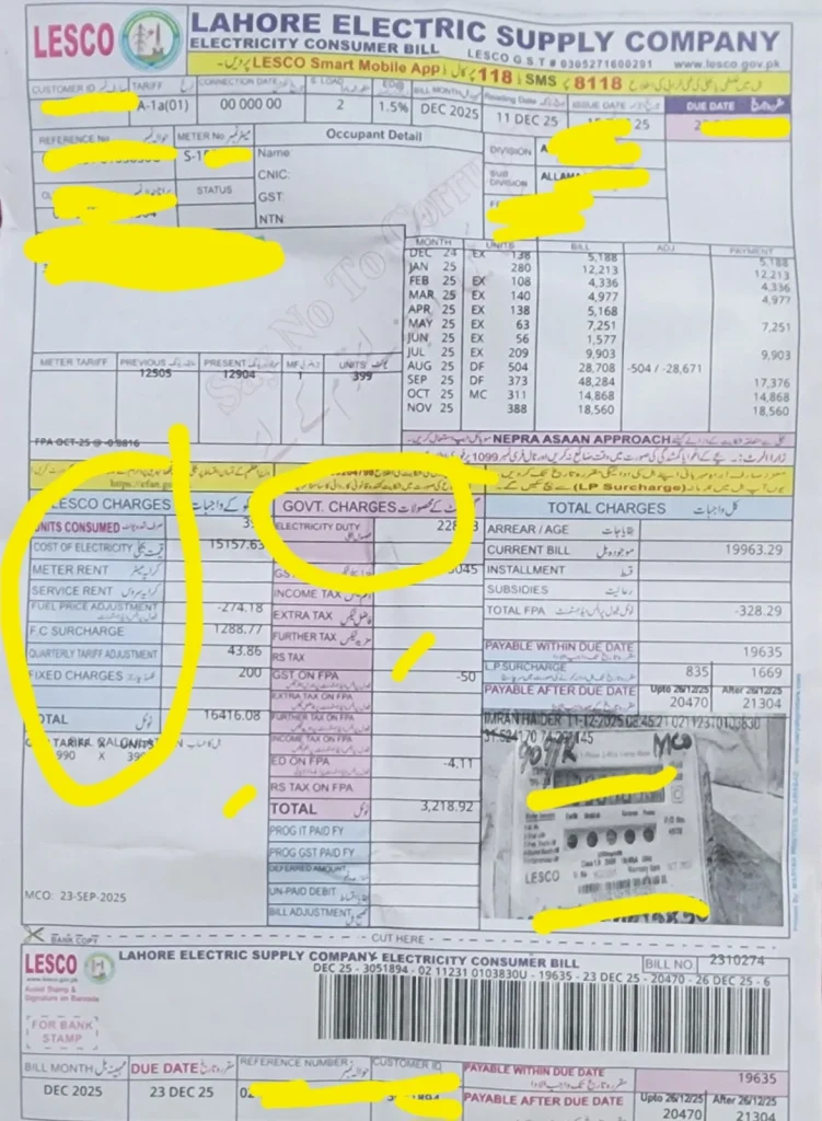 Understanding Easily LESCO Bill Charges—Tariffs, Taxes & Surcharges 1 Lesco bill charges